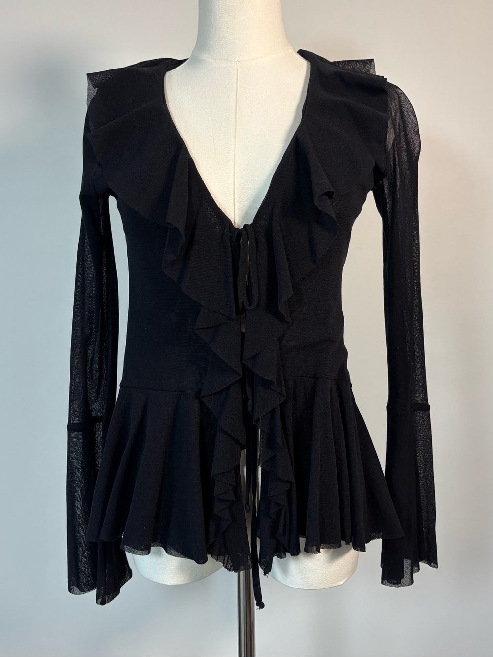 Vintage FUZZI Y2K Black Mesh Ruffle Tie Front Top XS Whimsigoth Bell Sleeves